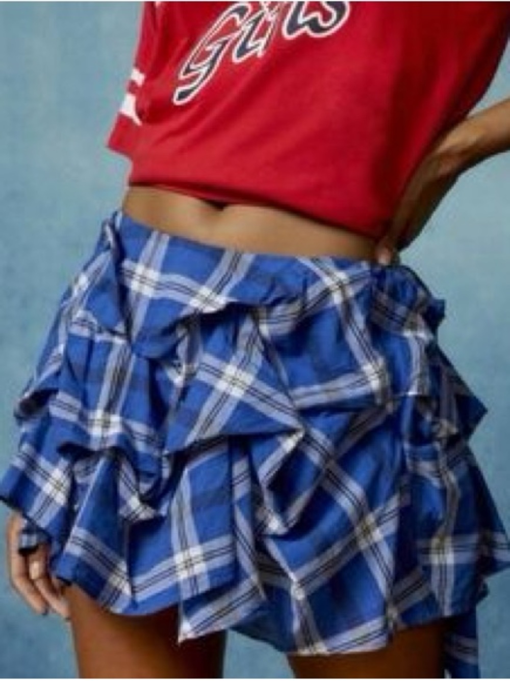 BDG Blue Plaid Ruffled Mini Skirt